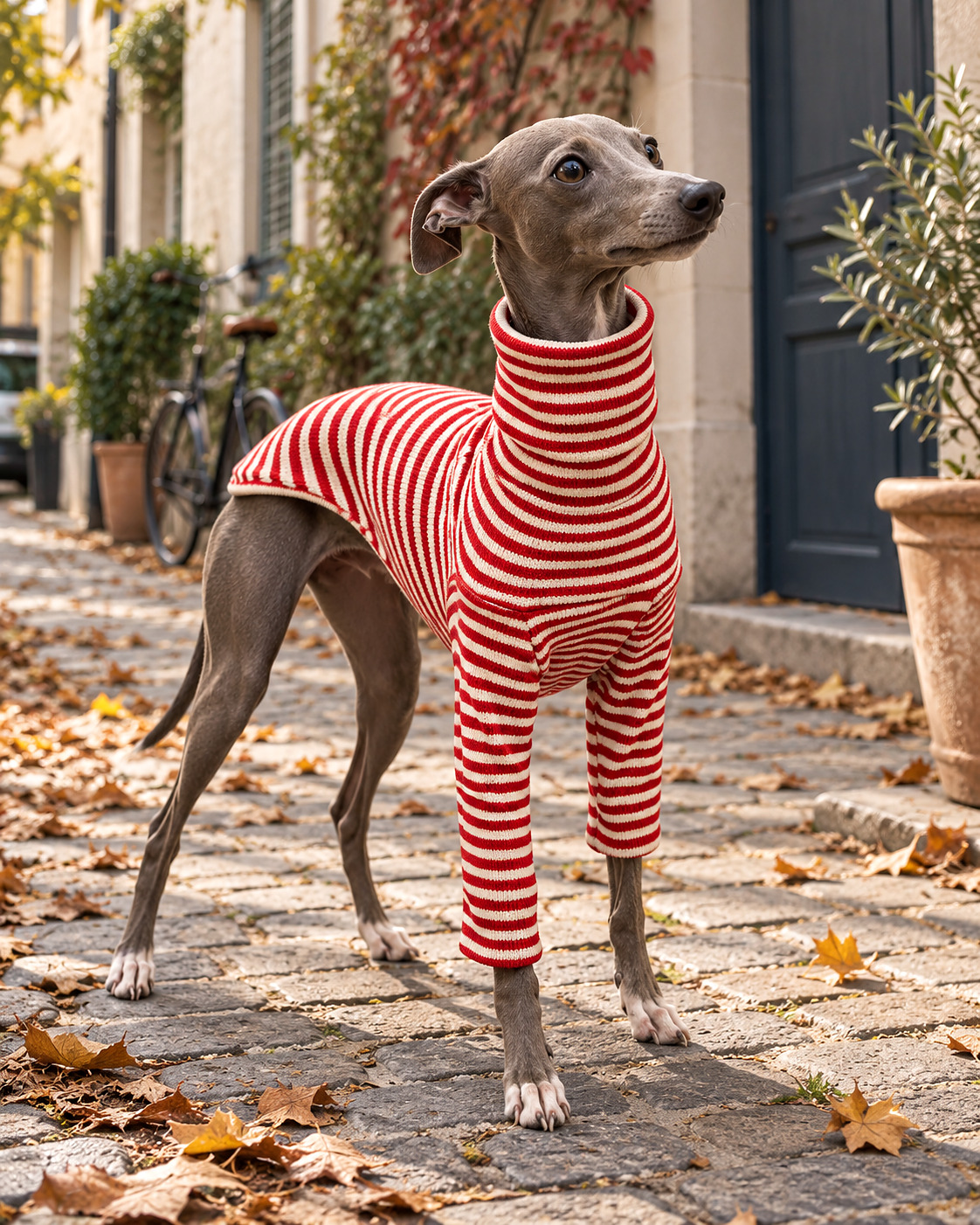 Le Fuseau Rayé — pull col roulé rayé rouge et écru, maille extensible, porté par un chien
