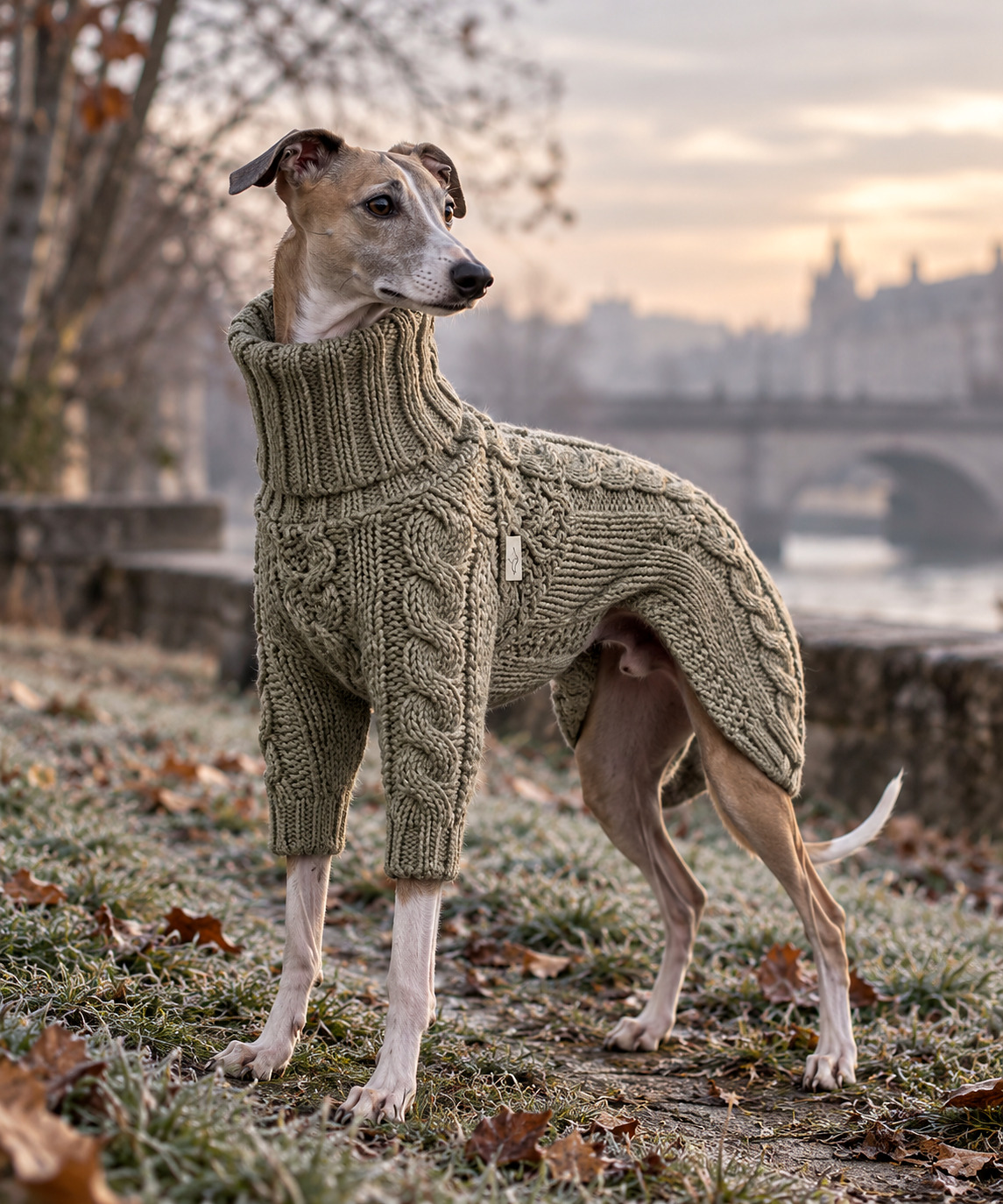 Le Fuseau Hiver — pull épais à col roulé, maille dense d'hiver, porté par un chien
