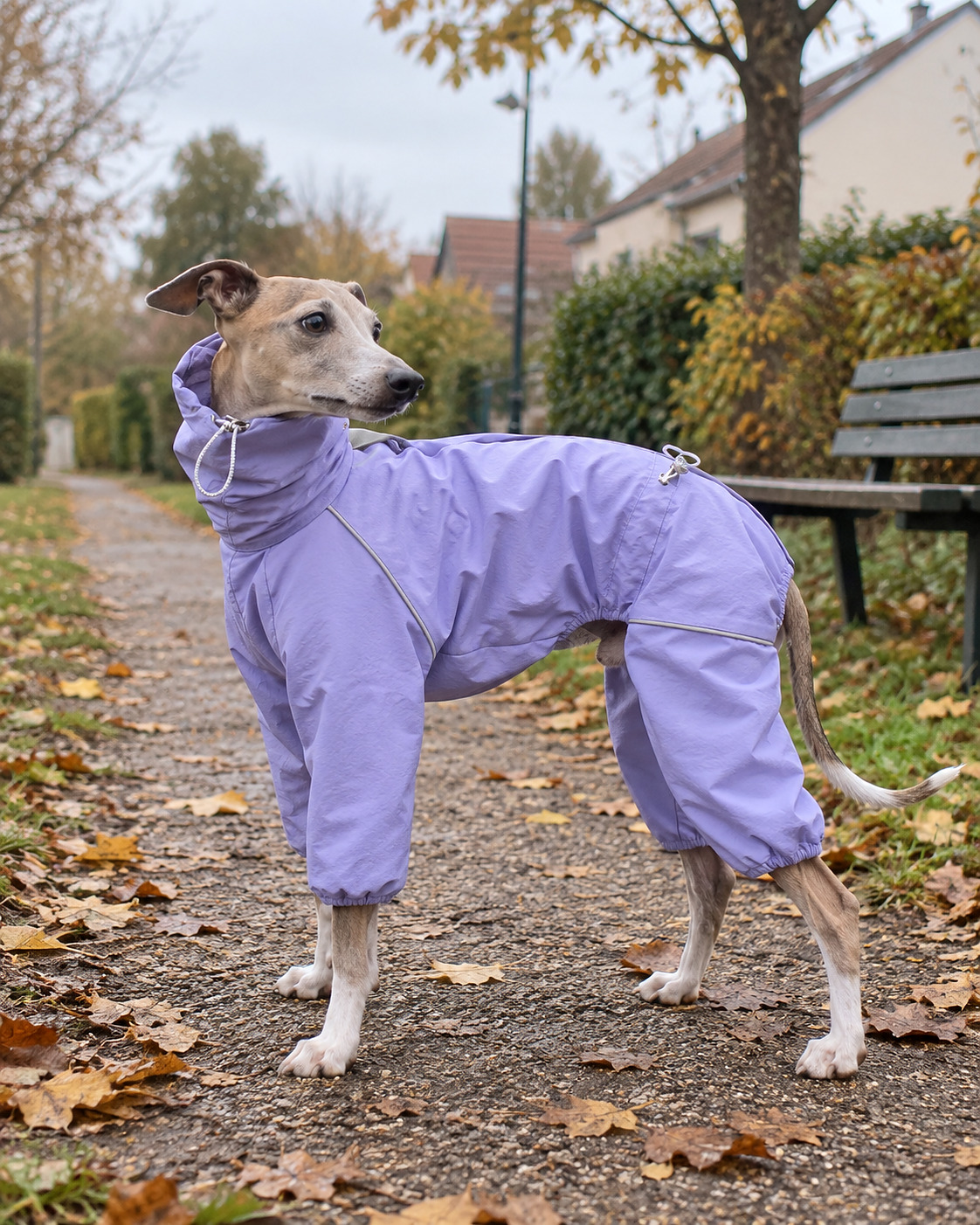 Le Fuseau Pluie — manteau imperméable coupe-vent pour lévrier, porté par un chien