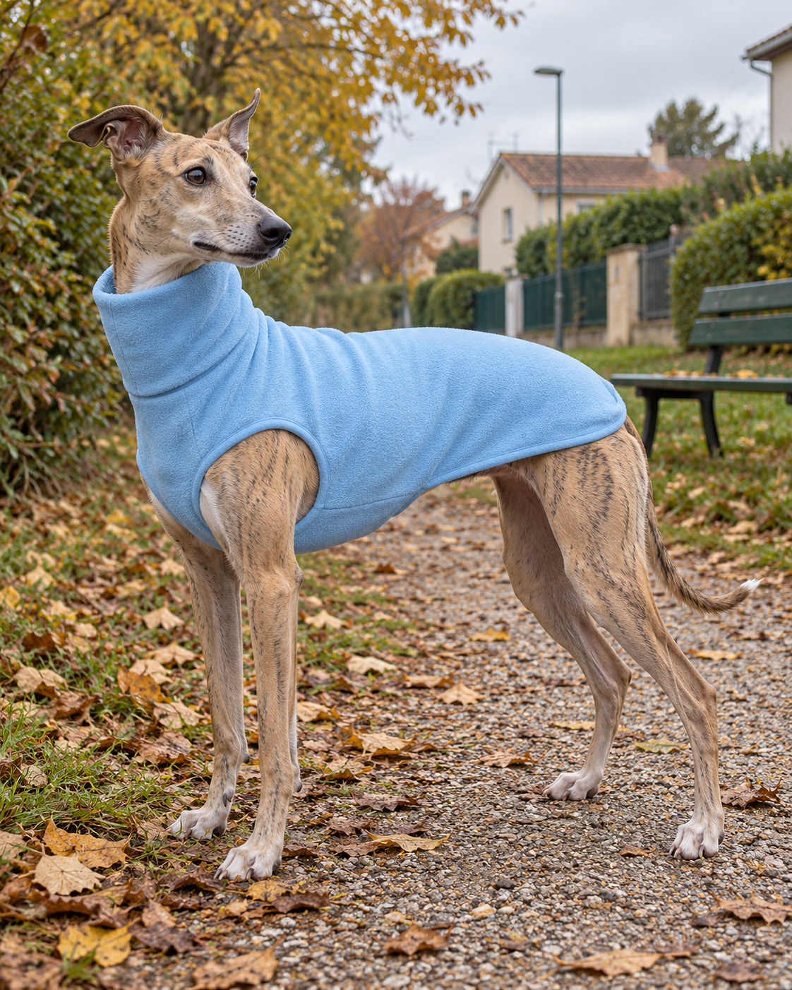 Le Fuseau Polaire — gilet polaire à col roulé, sans manches, porté par un chien