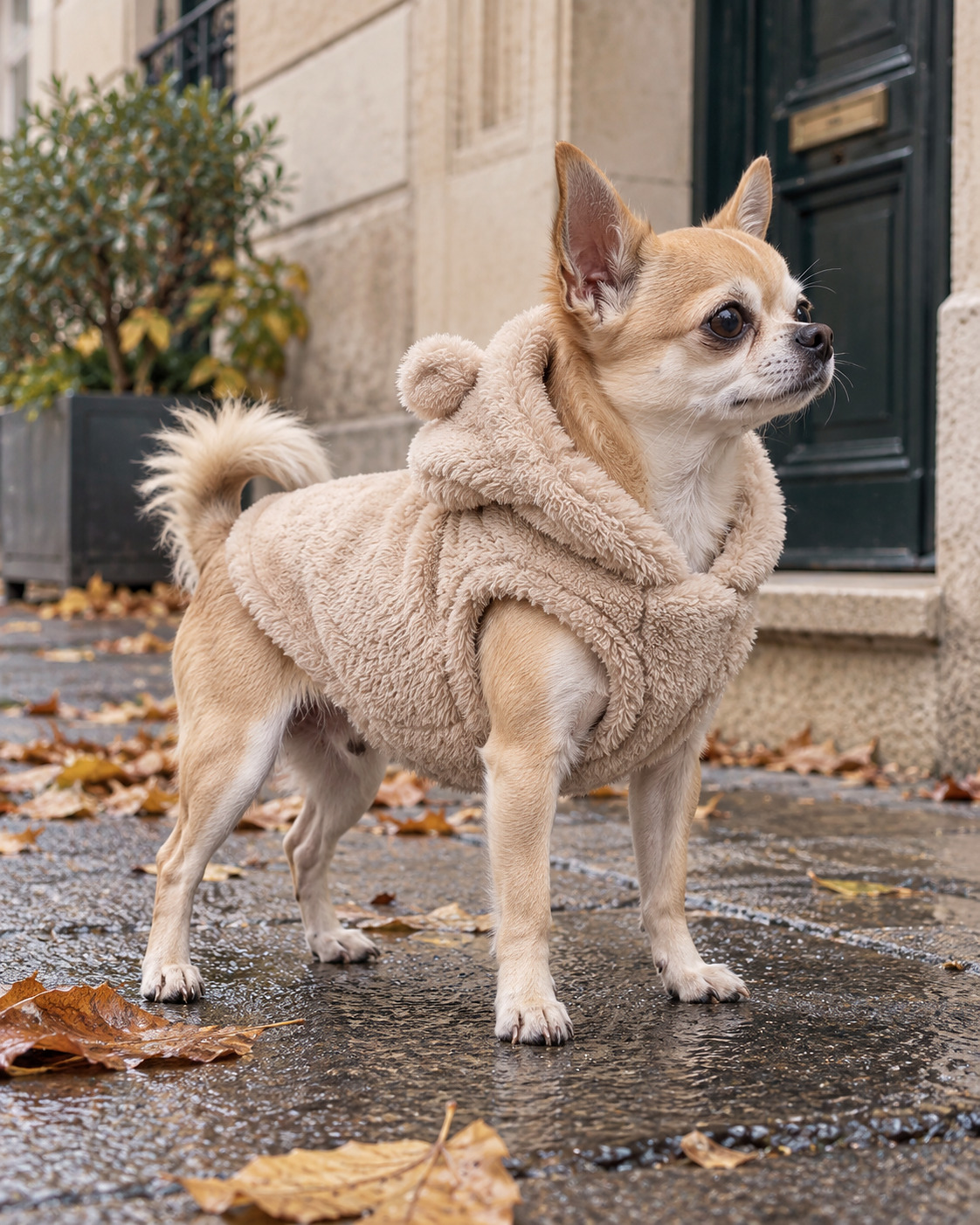 Le Molleton — manteau à capuche en molleton doux, porté par un chien