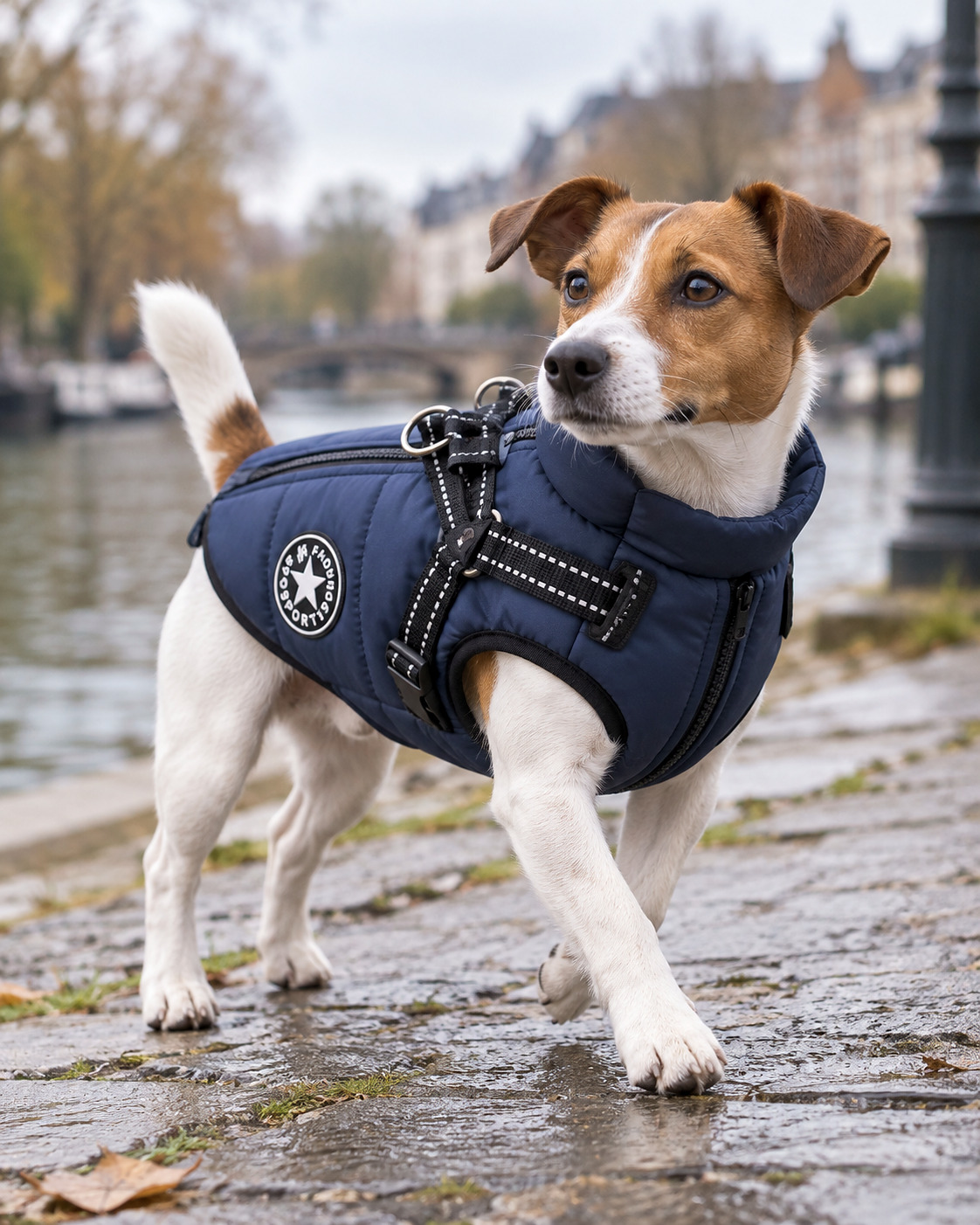 La Parka — veste d'hiver déperlante avec harnais intégré, porté par un chien