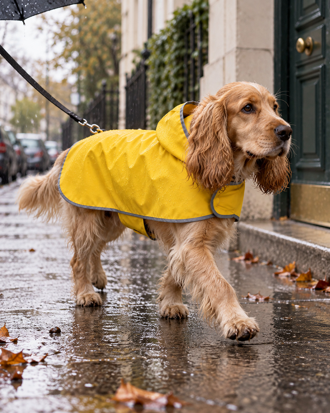 Le Ciré — imperméable jaune double couche, réversible, porté par un chien