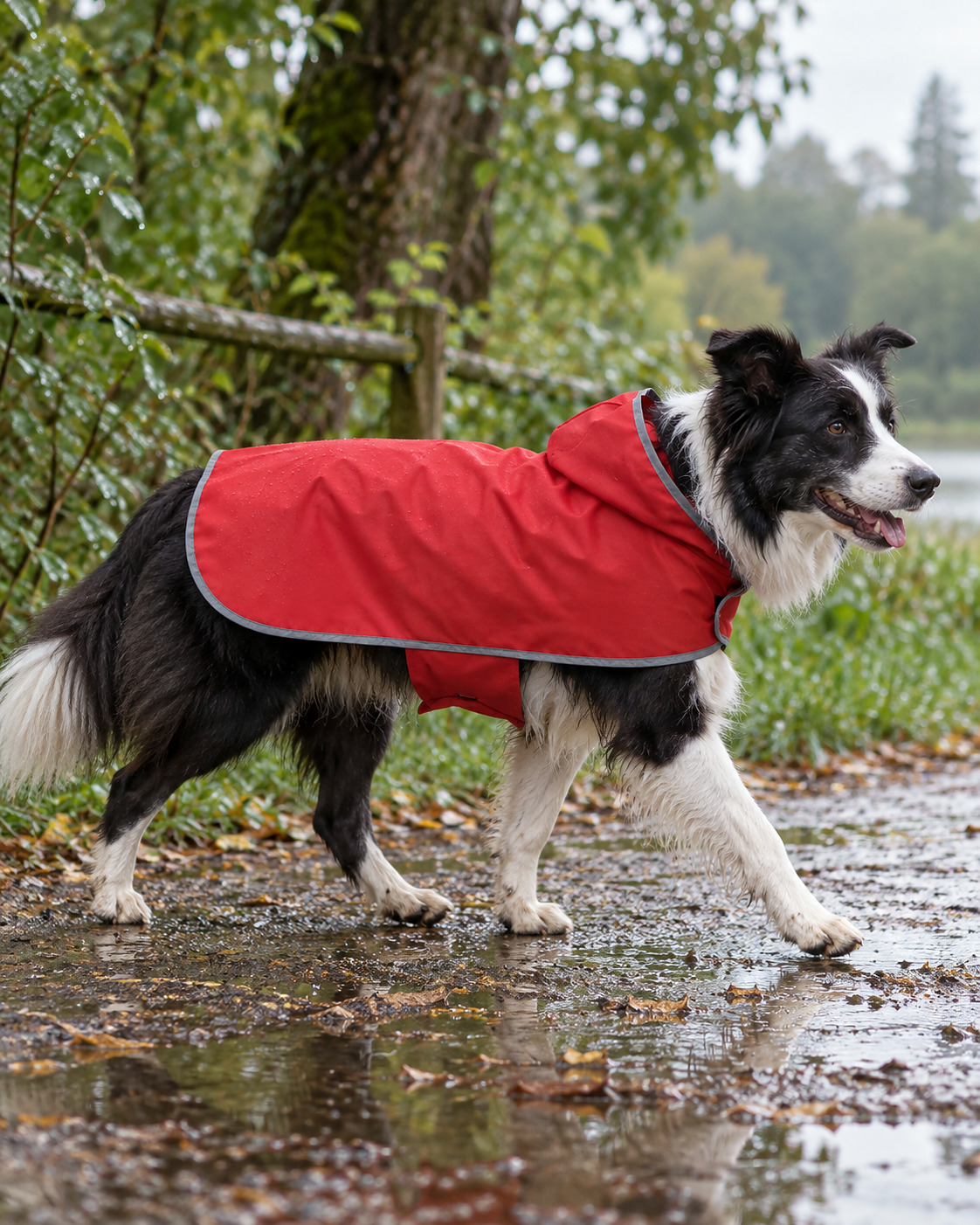 Border collie en ciré rouge, sur un chemin mouillé
