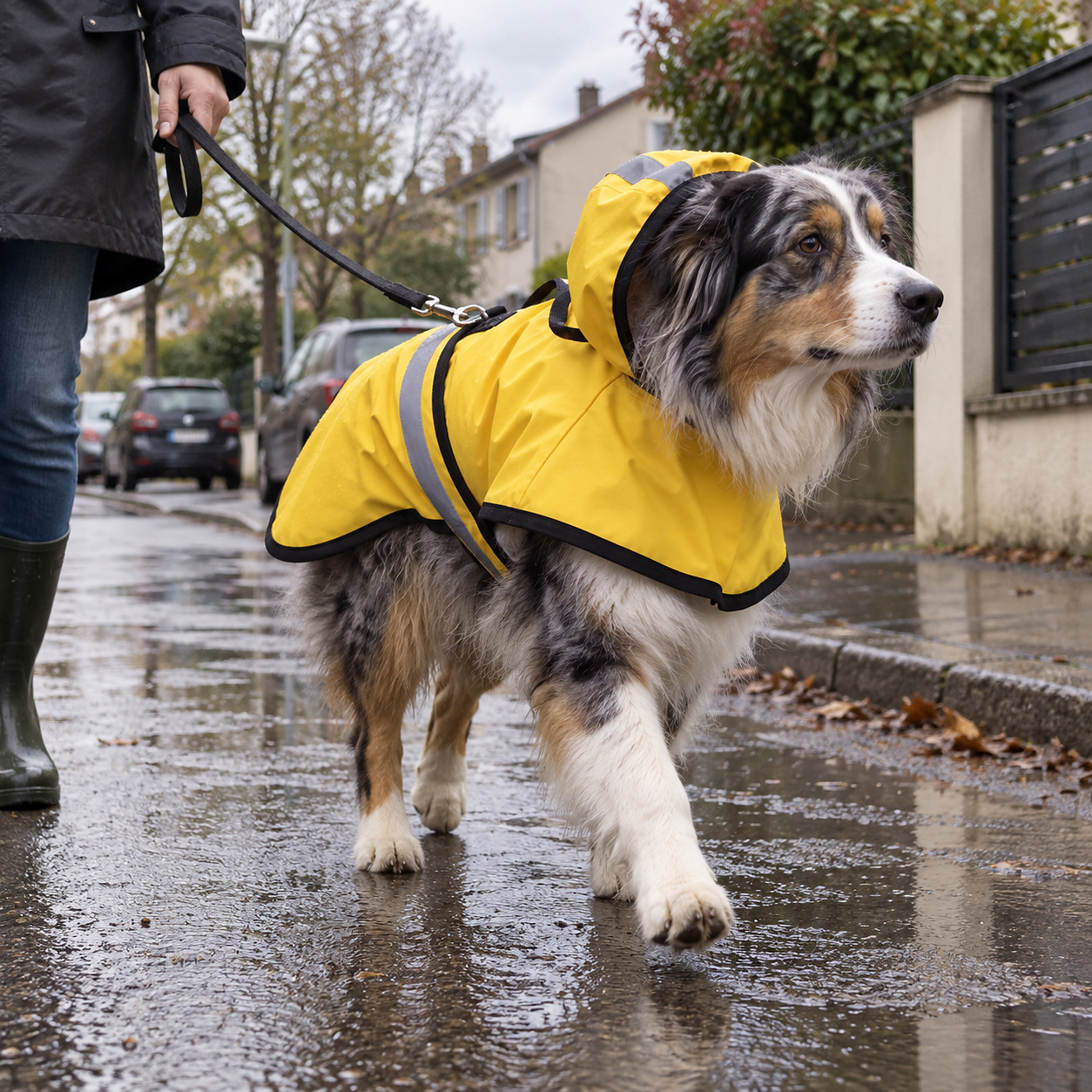 L'Imperméable — coupe-vent imperméable réglable, bandes réfléchissantes, porté par un chien