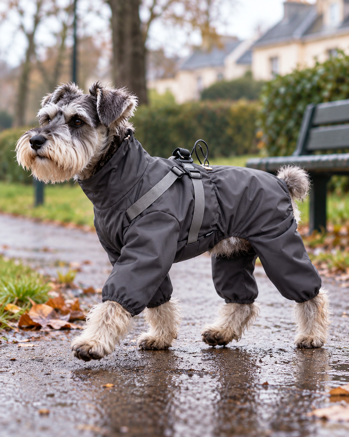 La Salopette — imperméable quatre pattes à couverture ventrale intégrale, porté par un chien