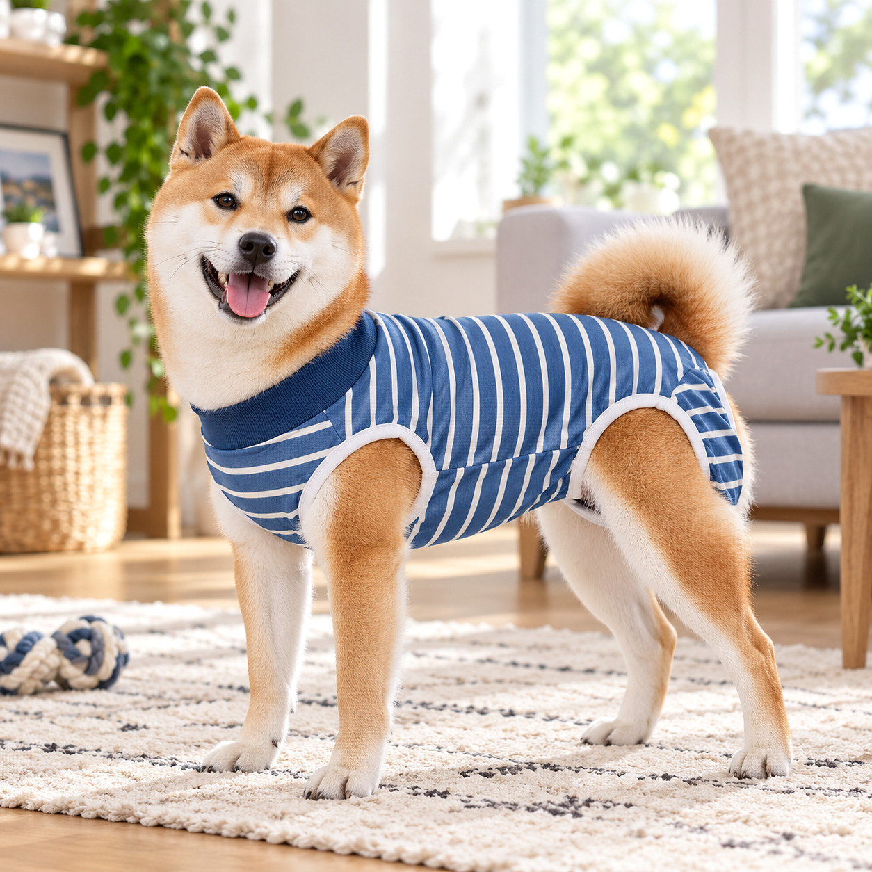Le Convalescent Intégral — combinaison quatre pattes en modal, plaies abdominales, porté par un chien