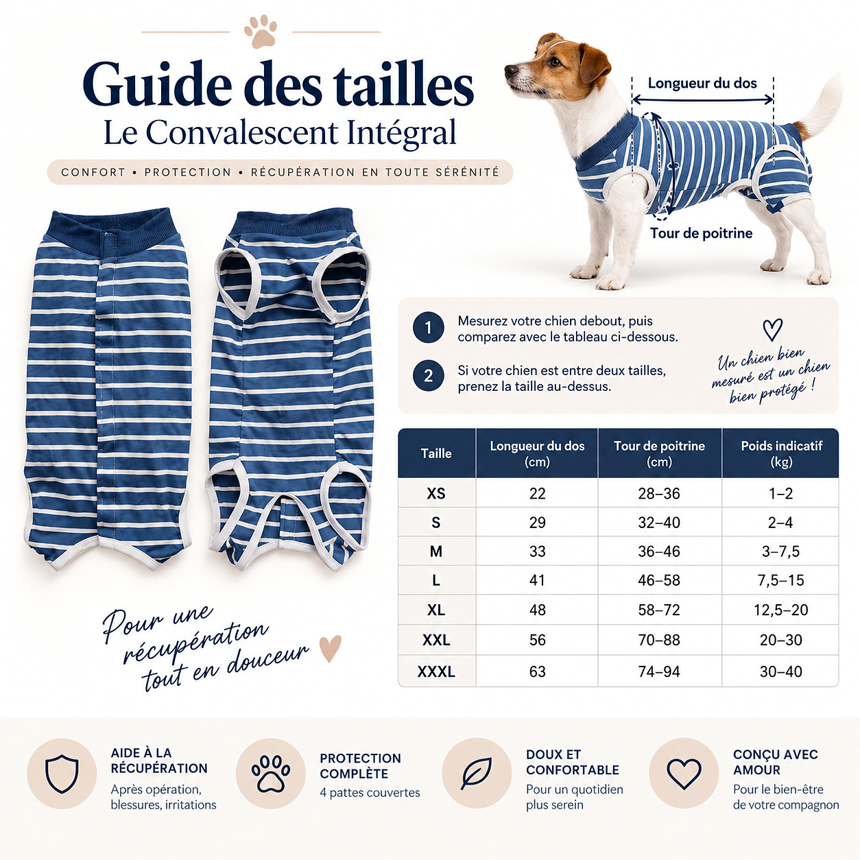 Le Convalescent Intégral — le guide des tailles, en photo