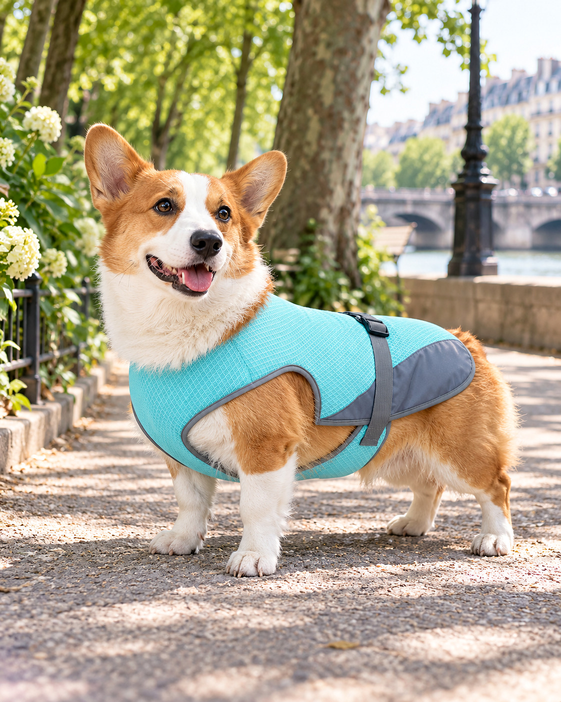 Le Rafraîchissant Réglable — gilet respirant réglable, bandes réfléchissantes, porté par un chien