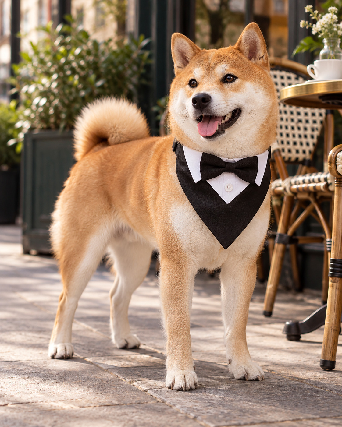 Le Foulard — bandana smoking à nœud papillon, sur collier réglable, porté par un chien