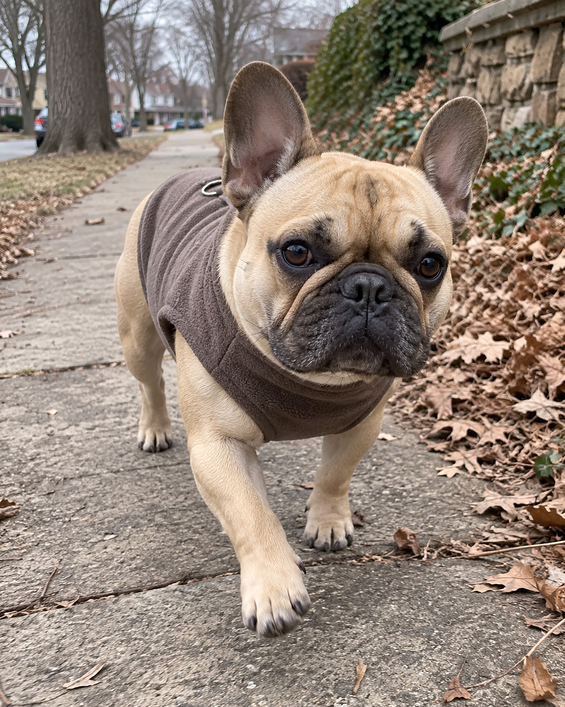 Bouledogue français en polaire, sur le trottoir