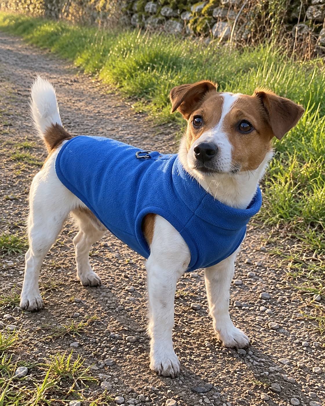 Jack russell en polaire bleue, sur le chemin