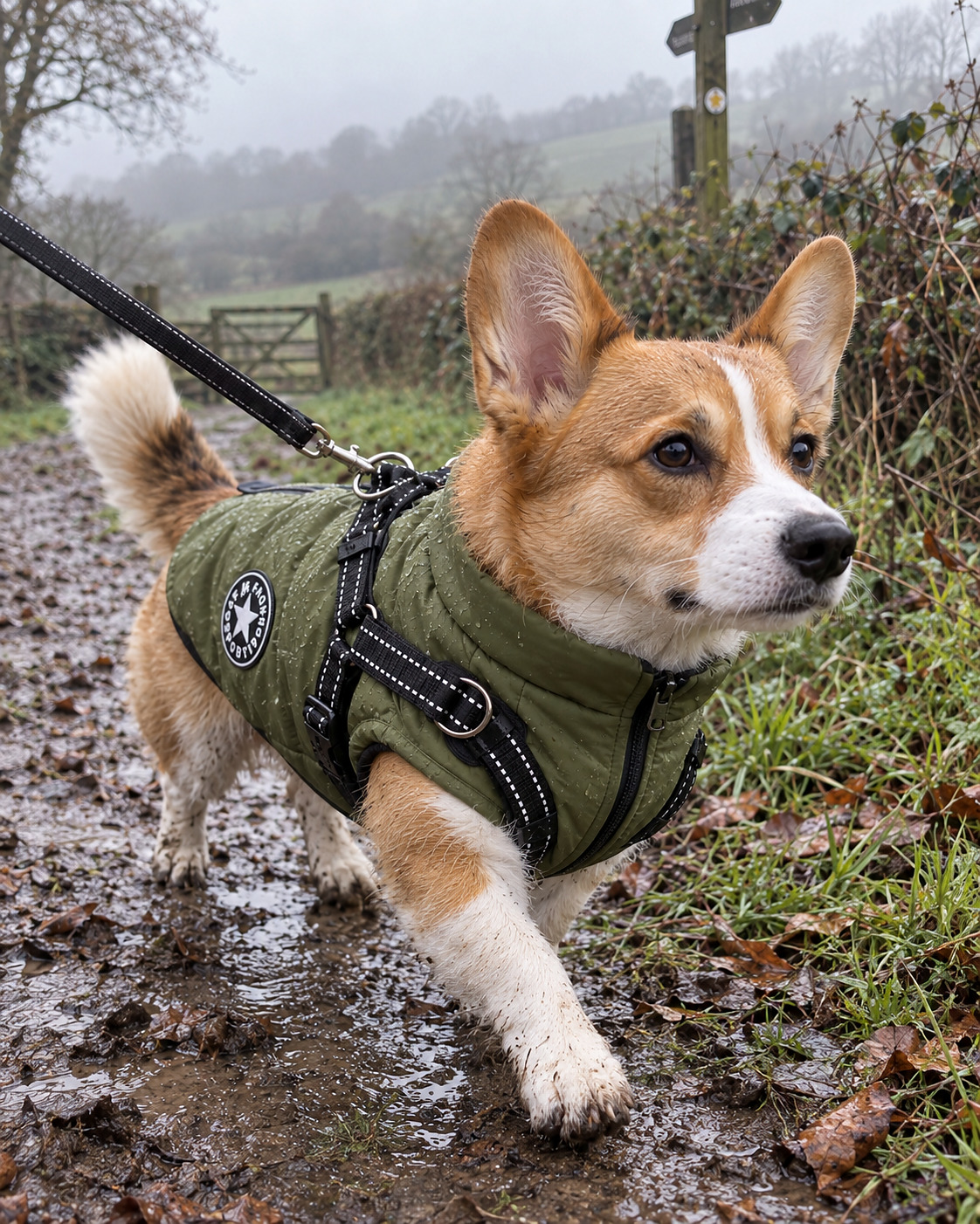 Corgi en parka verte, sur un chemin boueux
